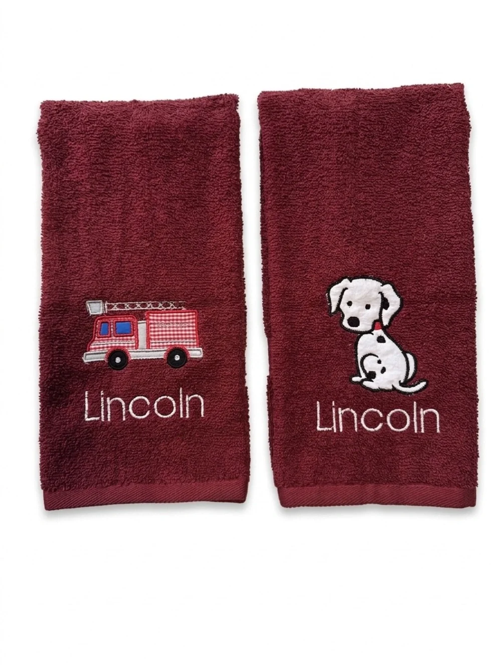 Personalized Kids Hand Towels - Burgundy with Fire Truck & Dalmatian
